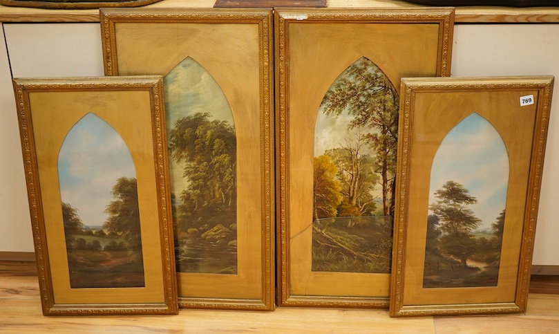 Victorian School, River and woodland landscapes, some indistinctly signed, two pairs of arched oils on board, largest pair 57 x 22cm, glass a.f. to one painting